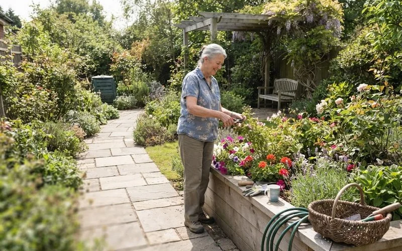 A garden path with raised planting beds, even paving, and a handrail leading to a covered porch