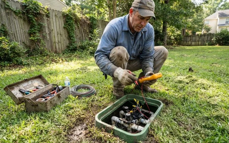 A technician kneeling in a lawn inspecting a sprinkler valve box with irrigation pipes and wiring visible