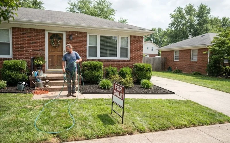 A tidy front yard with fresh mulch, trimmed shrubs, and a clean lawn edge along a walkway leading to a house